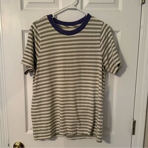 Madewell Olive and White Striped Tee with Purple Neckline